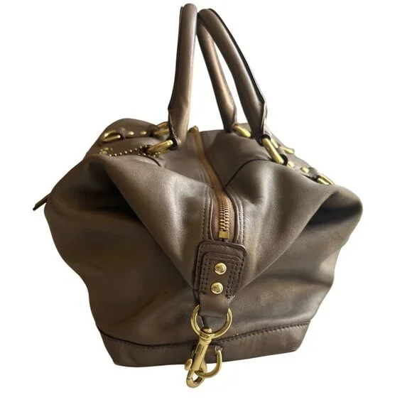Coach Leather Satchel Bag Taupe With Gold Accents Zip Top Double Handles - Picture 3 of 16